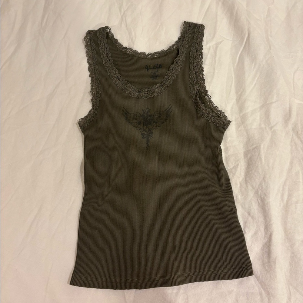 Brandy Melville Lace Trim Olive Green Tank Top with angel graphic